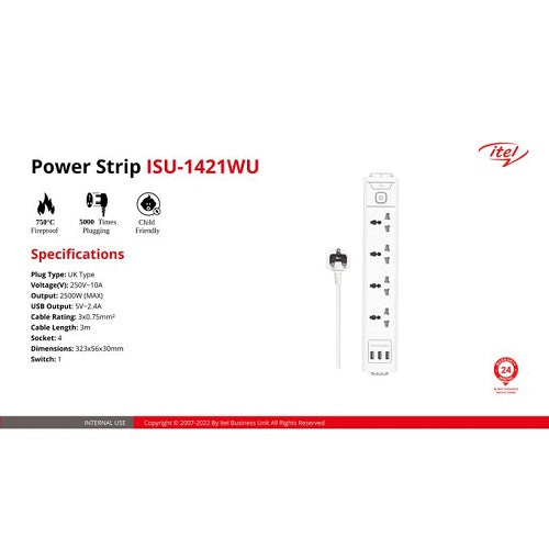 itel 4 Sockets Multi Socket White ISU-1421WU + USB PORT