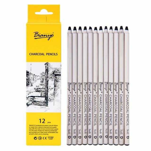 Black Charcoal Pencils - 12 Pieces